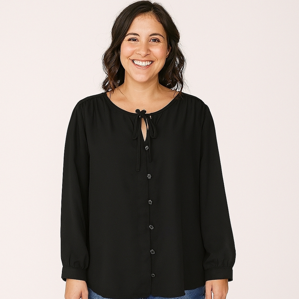 Penningtons 3X Black Button Front Blouse With Tie-Neck Detail
